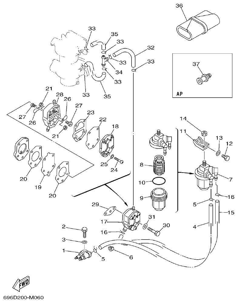 Yamaha E48C, E55C, 55B, E48CMH, E55CMH FUEL parts diagram
